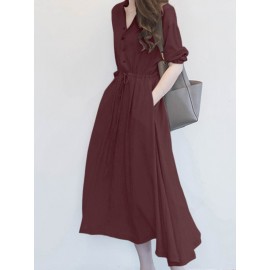 Solid Drawstring Waist Pocket Button Stand Collar Dress