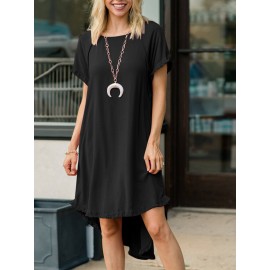 Women Solid Crew Neck Ruffle Trim Casual Short Sleeve Dress