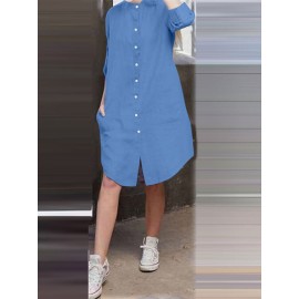 Women Solid Stand Collar Shirt Dress With Sleeve Tabs