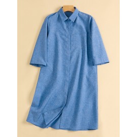 Women Plain Lapel Concealed Placket Casual Shirt Dress