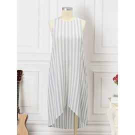 Women Striped Crew Neck High-LowÂ Hem Sleeveless Dress
