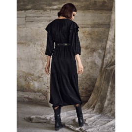 Solid V-neck Tiered 3/4 Sleeve Dress For Women