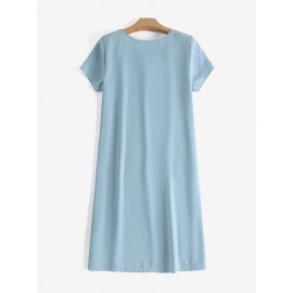 Women Floral Embroidered Crew Neck Casual Short Sleeve Dress