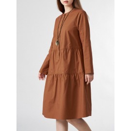 Solid Button Half Placket Long Sleeve Stand Collar Dress