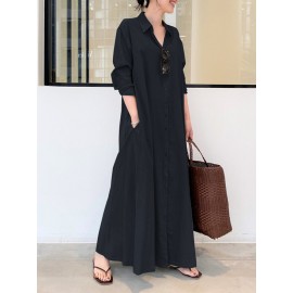 Solid Color Pocket Button Long SLeeve Casual Dress for Women