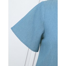 Women Solid Button Front Short Sleeve Denim Shirt Dress