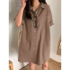 Women Solid Lapel Double Pocket Button Front Shirt Dress