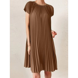 Women Solid Pleated Crew Neck Casual Short Sleeve Dress