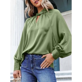 Women Satin Keyhole Neck Plain Casual Long Sleeve Blouse
