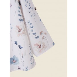 Floral Plant Print Half Button Texture Roll Up Sleeve Shirt