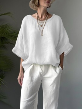 Women Solid Crew Neck Cotton Drop Shoulder Loose Blouse