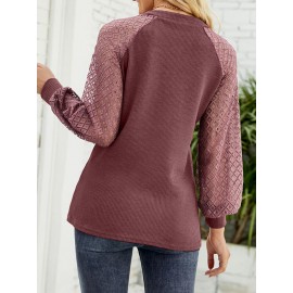 Women Lace Patchwork Knit Notched Neck Long Sleeve Blouse