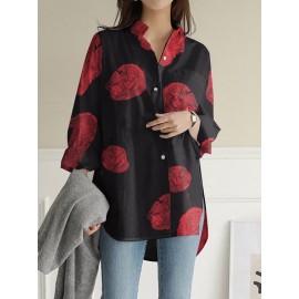 Geometry Print Long Sleeves Casual Loose Blouse With Pockets