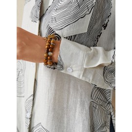 Geometry Print Long Sleeves Casual Loose Blouse With Pockets