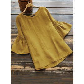 Vintage Frill Short Sleeve Solid Color Blouse