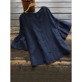 Vintage Frill Short Sleeve Solid Color Blouse