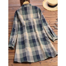 Vintage Print Plaid Multicolor Long Sleeve Button Blouse