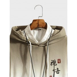 Mens Chinese Character Ombre Print Loose Drawstring Hoodies Winter