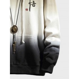 Mens Chinese Character Ombre Print Loose Drawstring Hoodies Winter