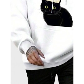 Mens Christmas Hat Cat Graphic Kangaroo Pocket Drawstring Hoodies Winter