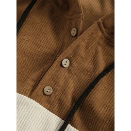 Mens Smile Embroidered Color Block Patchwork Quarter Button Corduroy Hoodies Winter