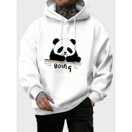 Mens Cartoon Panda Letter Print Kangaroo Pocket Drawstring Hoodies Winter
